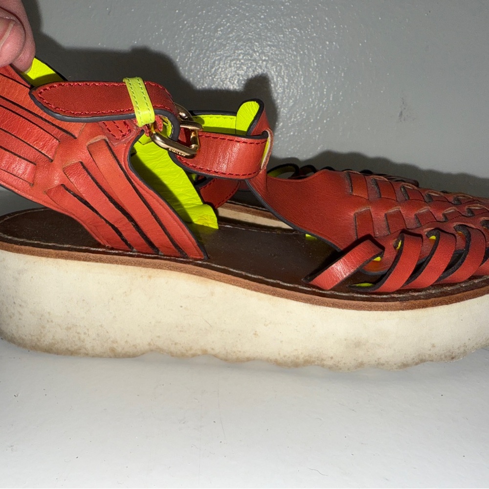 Coach Red and Neon Yellow Leather Platform  Sandals